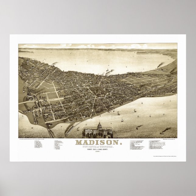 Madison, WI Panorama Karte - 1885b Poster (Vorne)