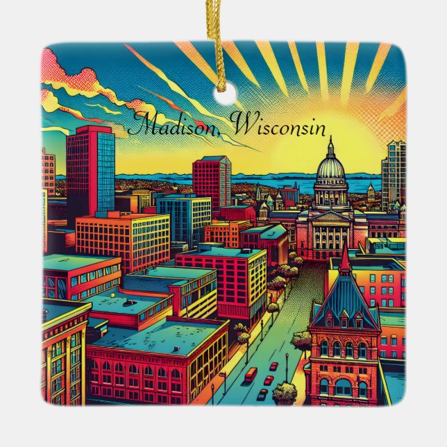 Madison, Wisconsin Skyline bei Sunset Keramikornament (Vorderseite)
