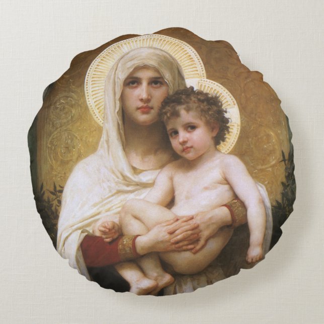 Madonna der Rose von Bouguereau Rundes Kissen (Rückseite)