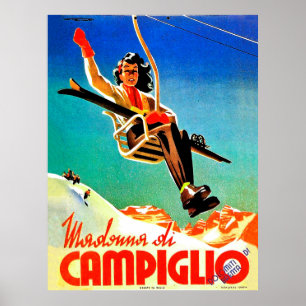 Madonna di Campiglio, Frau auf dem Skilift, Vintag Poster