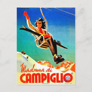 Madonna di Campiglio, Frau im Skilift, Vintag Postkarte
