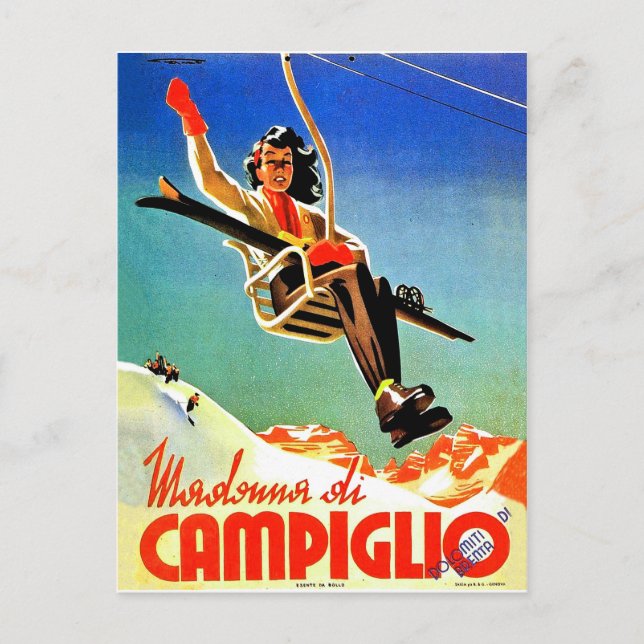 Madonna di Campiglio, Frau im Skilift, Vintag Postkarte (Vorderseite)