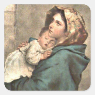 Madonna im Schal hält Baby Jesus Quadratischer Aufkleber