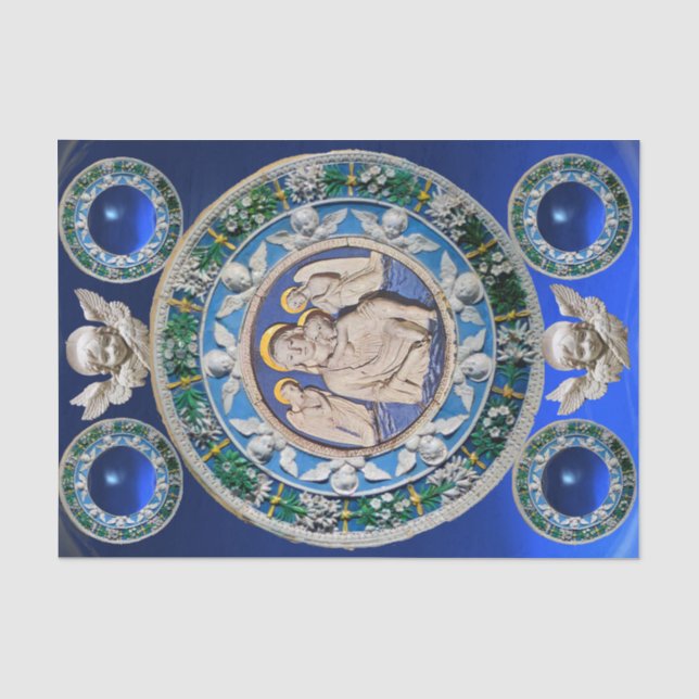 MADONNA, KIND, ANGELS NATIVITY FLORAL CROWN Blue Seidenpapier (Vorderseite)
