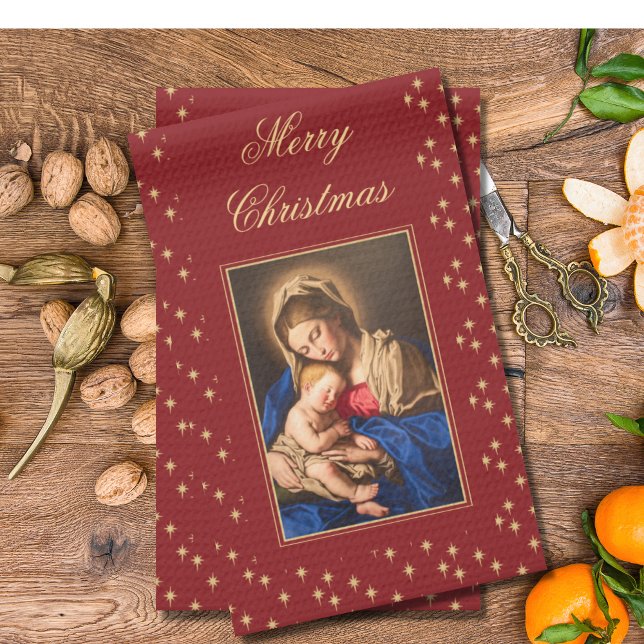 Madonna & Kind Religiöse Weihnachtsdekorationen Geschirrtuch (Red and gold, religious Christmas kitchen towels with Madonna and Child for Catholics and Christians)