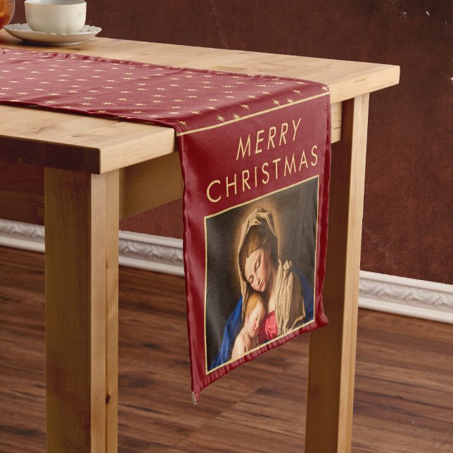 Madonna & Kind Religiöse Weihnachtsdekorationen Kurzer Tischläufer (Religious Christmas table runner with Madonna and Child in red and gold)