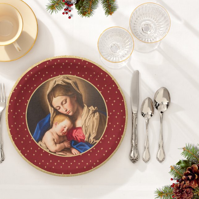Madonna & Kind Traditionelle religiöse Weihnachten Pappteller (Religious Christmas plate with Madonna and Child in red and gold for Christians and Catholics)