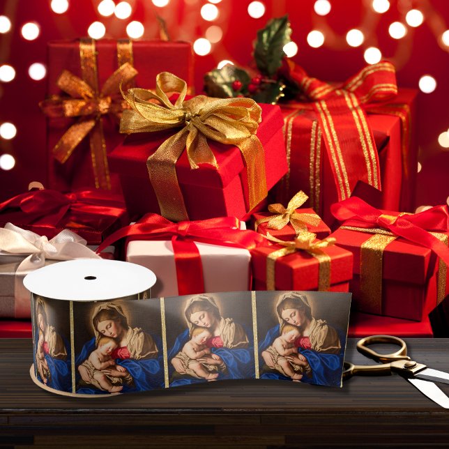 Madonna & Kind Traditionelle religiöse Weihnachten Satinband (Religious Christmas ribbon with Madonna and Child for Catholics)