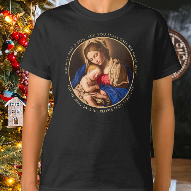 Madonna & Kind Traditionelle religiöse Weihnachten T-Shirt (Madonna & Child religious Christmas gift with Bible verse for all Christian boys on your list.)