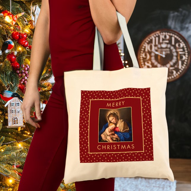 Madonna & Kind Traditionelle religiöse Weihnachten Tragetasche (Religious Christmas tote bag with Madonna & Child in red and gold for Catholics/Christians)