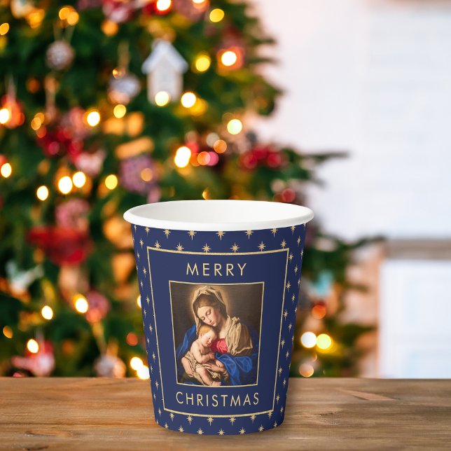 Madonna & Kind Traditionelles Weihnachtsfest Party Pappbecher (Religious Christmas paper cup with Madonna and Child in navy blue and gold)