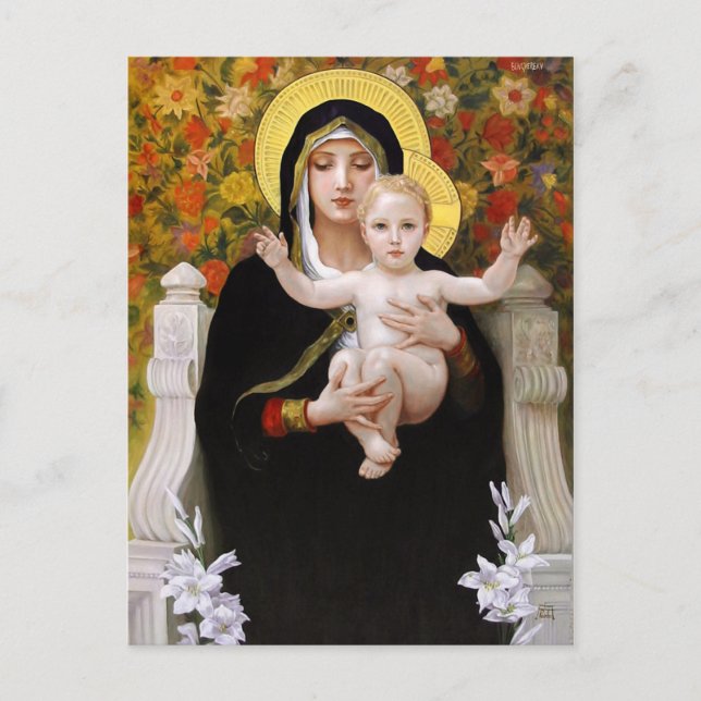 Madonna + Kind, weiße Lilien Weihnachtskarten Feiertagspostkarte (Vorderseite)