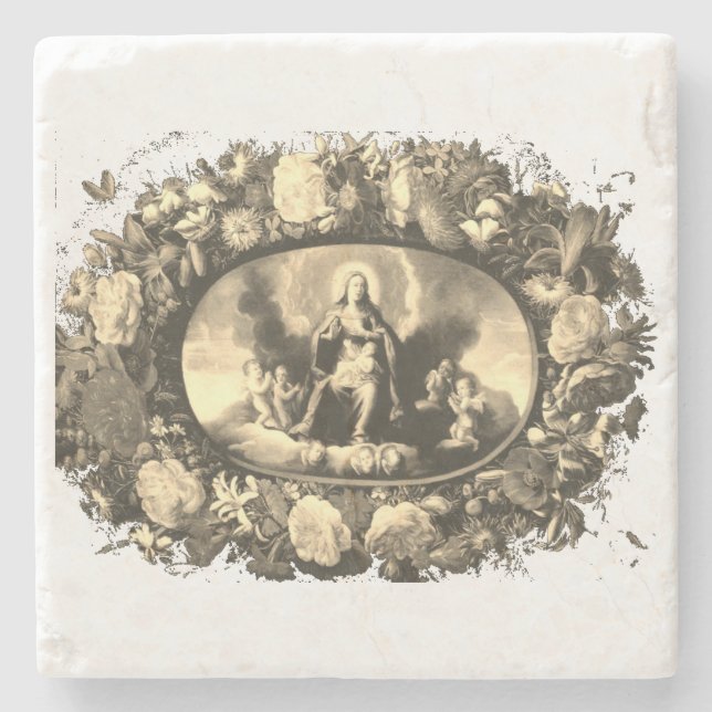 Madonna – Maria – Blumenkranz – shabby chic Steinuntersetzer (Vorderseite)