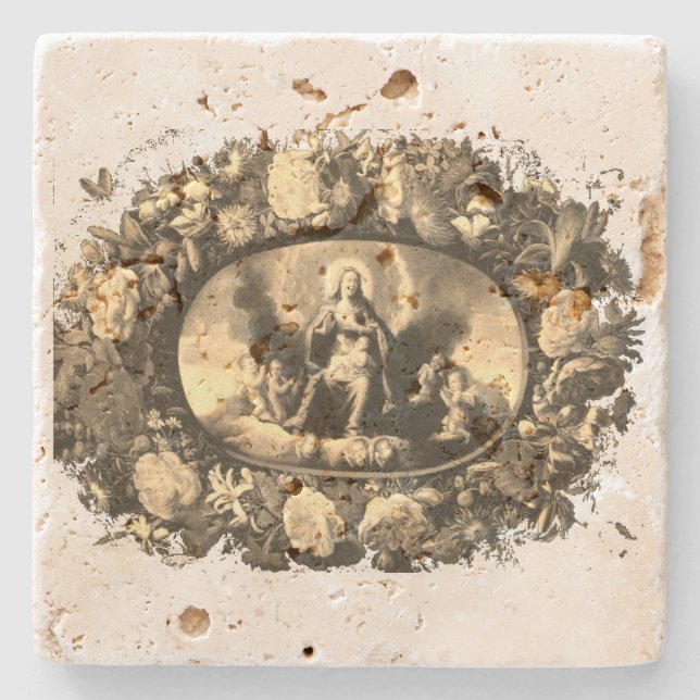 Madonna – Maria – Blumenkranz – shabby chic Steinuntersetzer (Vorderseite)