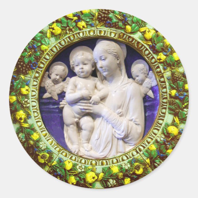MADONNA MIT KIND UND ANGELN BLUMENKRONE RUNDER AUFKLEBER (Vorderseite)