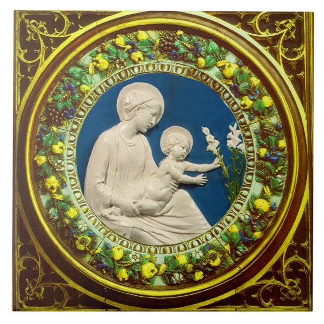 MADONNA MIT KIND UND WEISSEN LILIEN BLUMENKROWN FLIESE (Vorderseite)