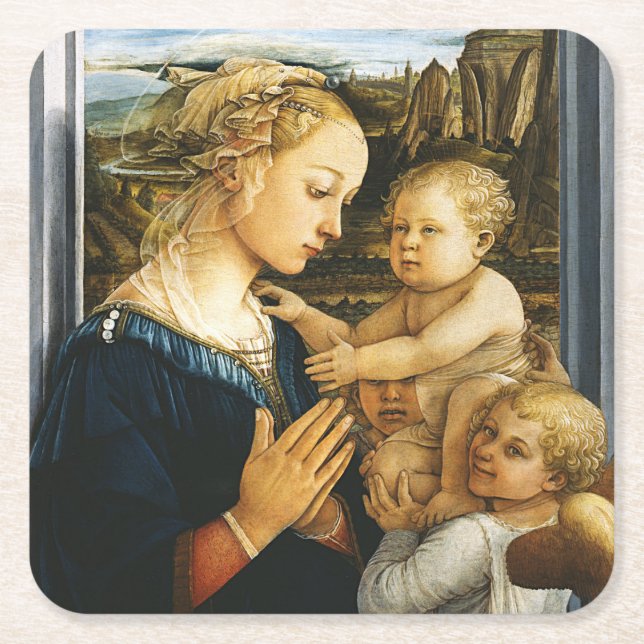 Madonna mit Kind und zwei Engel, Filippo Lippi Rechteckiger Pappuntersetzer (Vorderseite)