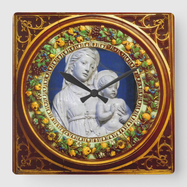 MADONNA MIT KINDERFLORALEN RENAISSANCE CROWN QUADRATISCHE WANDUHR (Vorderseite)