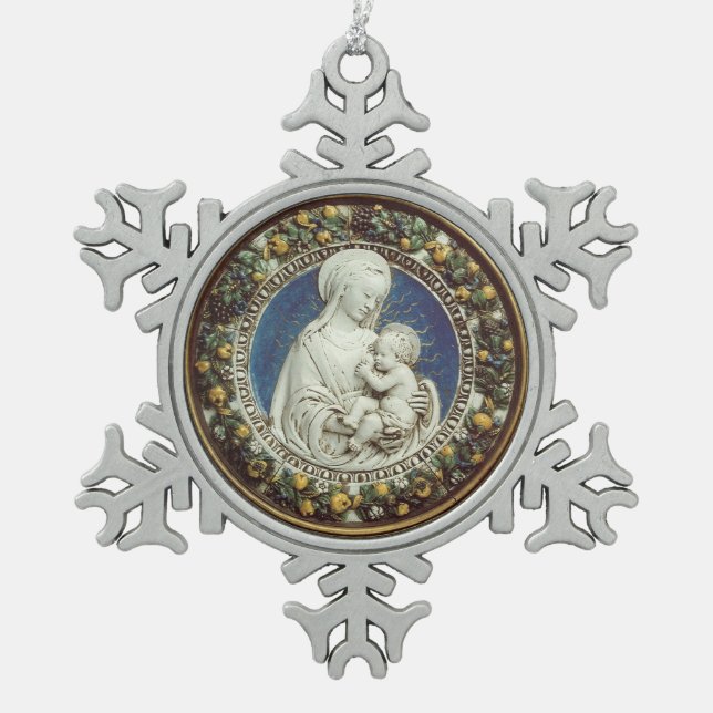 MADONNA MIT KINDERRUNDE SCHNEEFLOCKEN Zinn-Ornament (Vorderseite)