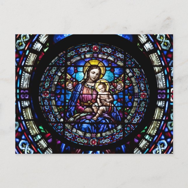 Madonna und Kind - buntes Glasfenster Postkarte (Vorderseite)