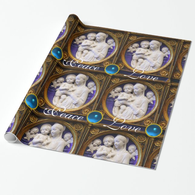 MADONNA UND KIND MIT BLAU GEMS CHRISTMAS JOY GESCHENKPAPIER (Ungerollt)