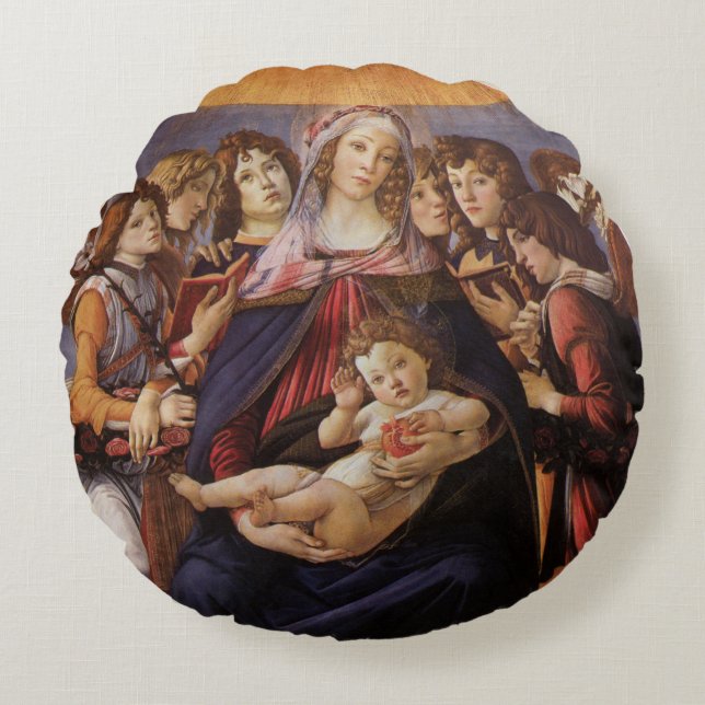 Madonna und Kind mit Engeln von Sandro Botticelli Rundes Kissen (Vorderseite)