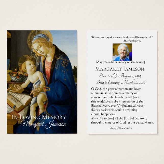 Madonna Virgin Mary Funeral Memorial Carte Sainte  (Devant & derrière)