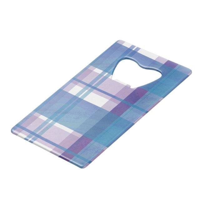 Madras Kariert Blau und Lila Geldbeutel Flaschenöffner (Rückseite Schrägansicht)