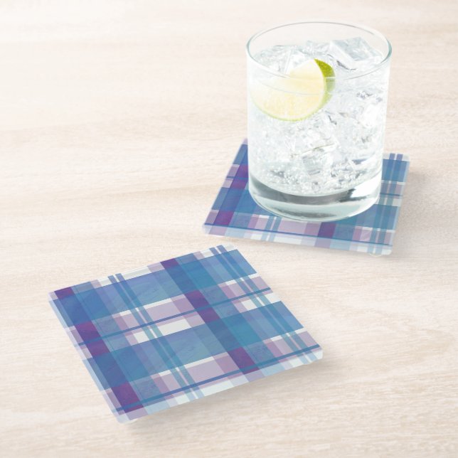 Madras Kariert Blau und Lila Glasuntersetzer (Schrägansicht)