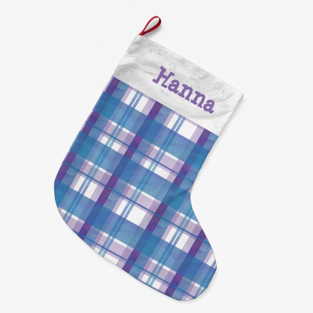 Madras Kariert Blau und Lila Großer Weihnachtsstrumpf (Vorderansicht (hängend))