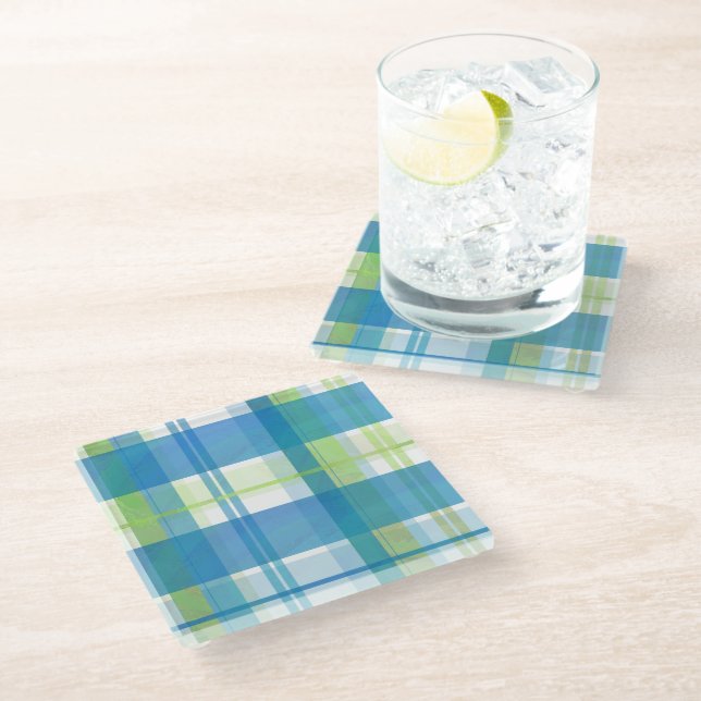 Madras Kariert Green und Blue Glasuntersetzer (Schrägansicht)