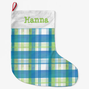Madras Kariert Green und Blue Großer Weihnachtsstrumpf