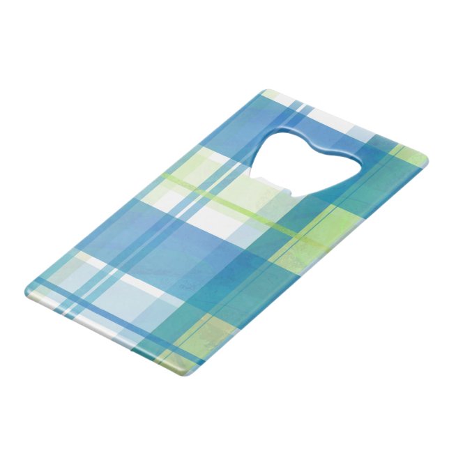 Madras Kariert Green und Blue Kreditkarten Flaschenöffner (Rückseite Schrägansicht)