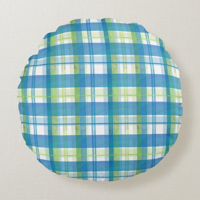 Madras Kariert Green und Blue Rundes Kissen (Vorderseite)