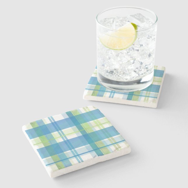 Madras Kariert Green und Blue Steinuntersetzer (Seitenansicht)
