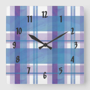 Madras-Karo Blau und Violett Quadratische Wanduhr
