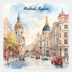 Madrid Spanien Stadtansicht Aquarellmalerei Quadratischer Aufkleber
