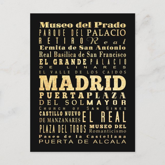 Madrid Stadt Spanien Typografie Kunst Postkarte (Vorderseite)