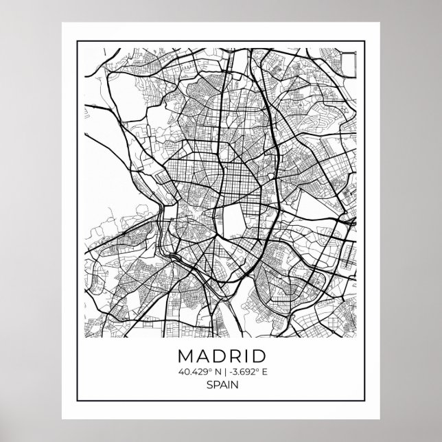 Madrid White Map Poster - Madrid Mauer Art Deco (Vorne)