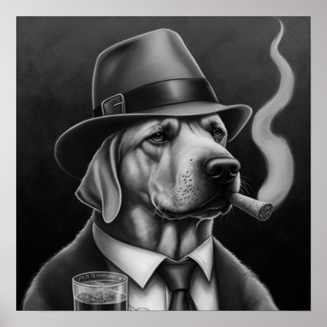 Mafia Dog in Grayscale with a Top Hat and Cigar Poster (Vorne)