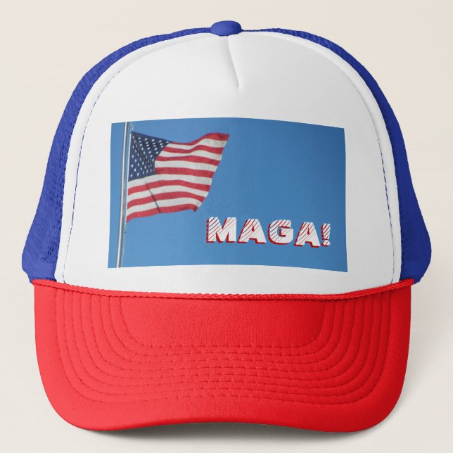 MAGA! Amerikanische Flagge Truckerkappe (Vorderseite)