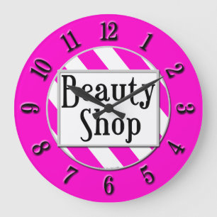 Magasin de beauté rose blanc rayé rétro horloge mu