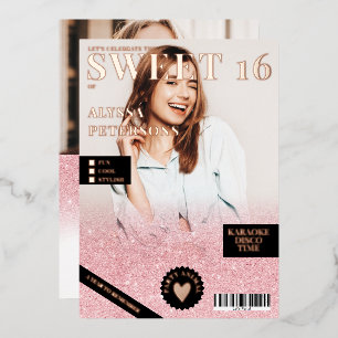 Magazin 2 Fotos rosa Roségold Glitter Sweet 16 Folieneinladung