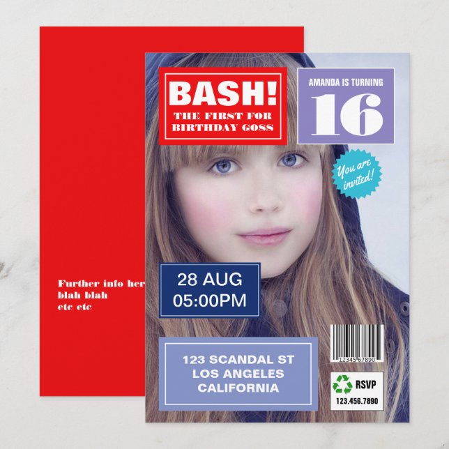 Magazine Cover Birthday Party Foto Einladung (Vorne/Hinten)