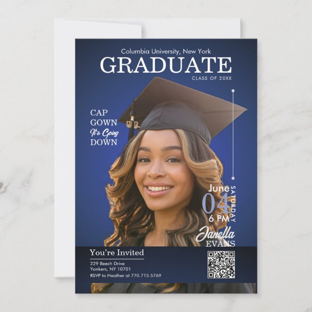 Magazine Cover Graduation Cap Down Blue Einladung (Vorderseite)
