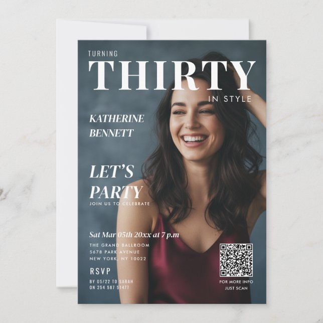 Magazine Cover Photo 30th Birthday Party QR Code Einladung (Vorderseite)