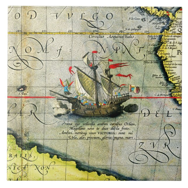 Magellans Schiff Victoria, Antike Karte Pazifische Fliese (Vorderseite)