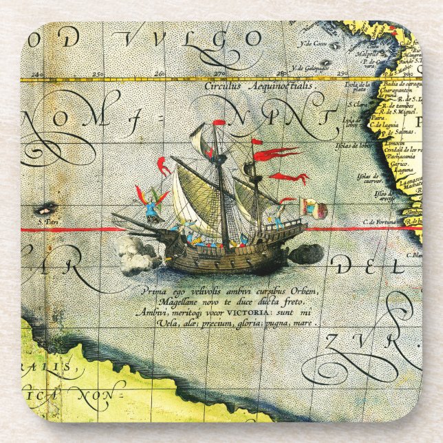 Magellans Schiff Victoria, Antike Karte Pazifische Getränkeuntersetzer (Vorderseite)
