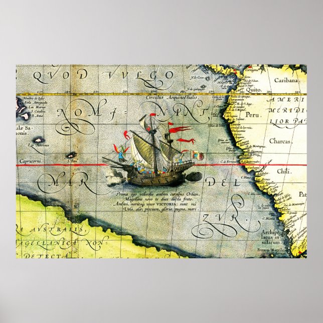 Magellans Schiff Victoria, Antike Karte Pazifische Poster (Vorne)