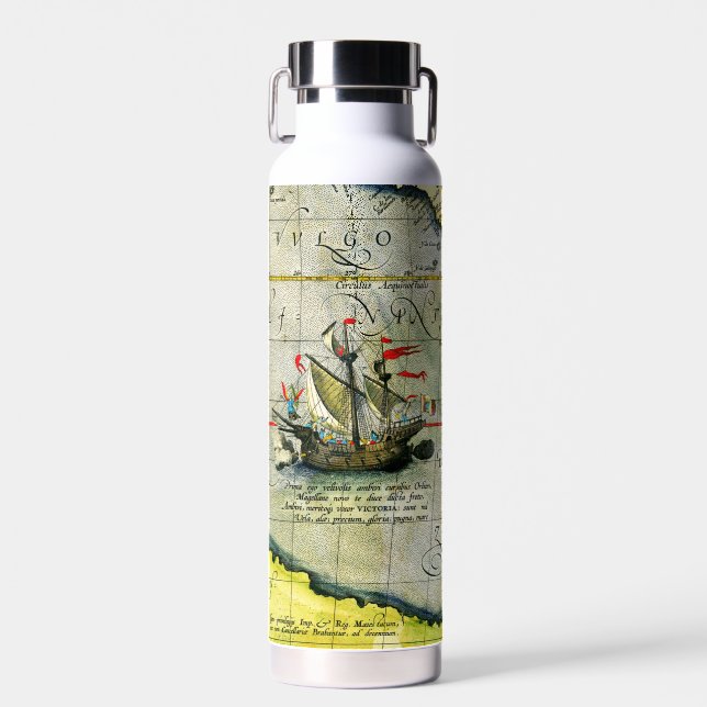 Magellans Schiff Victoria, Antike Karte Pazifische Trinkflasche (Vorne)